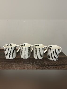Threshold Halloween BOO Coffee Mugs Set of 4 Black White Stripe Stoneware